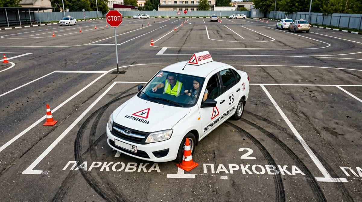 Вид сверху на учебную машину на автодроме