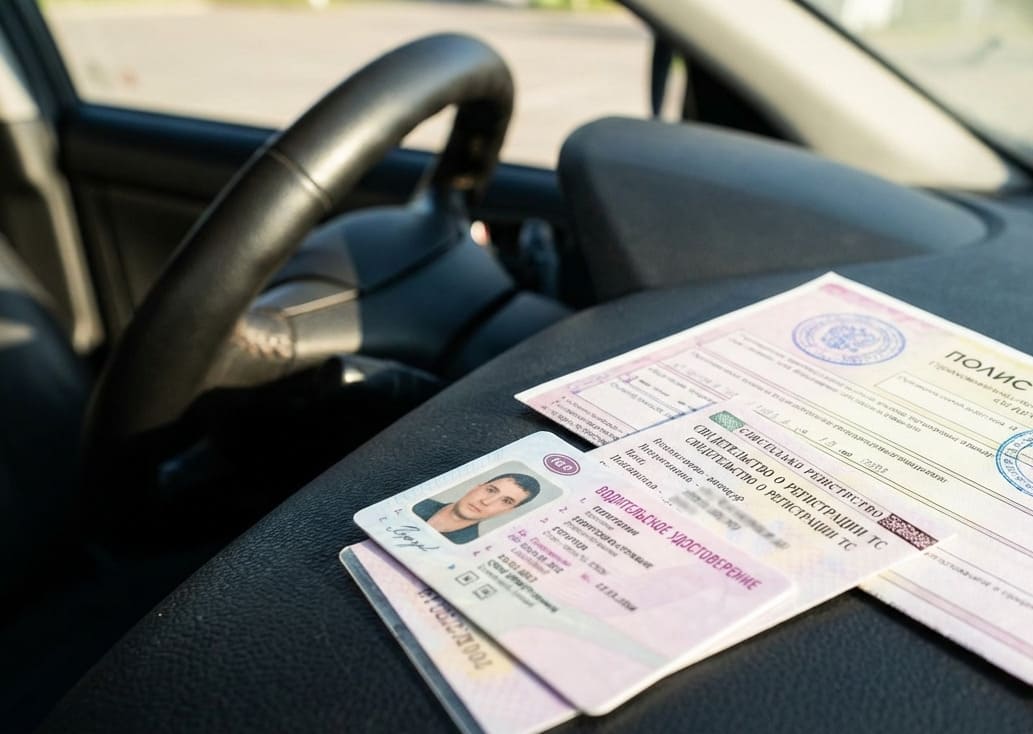 Водительское удостоверение, свидетельство о регистрации ТС и страховка на приборной панели
