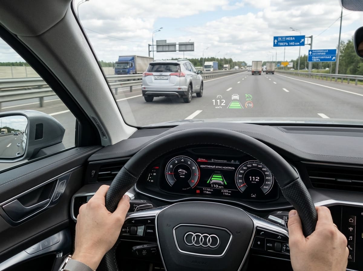 Вид из салона водителя с включенной системой ACC