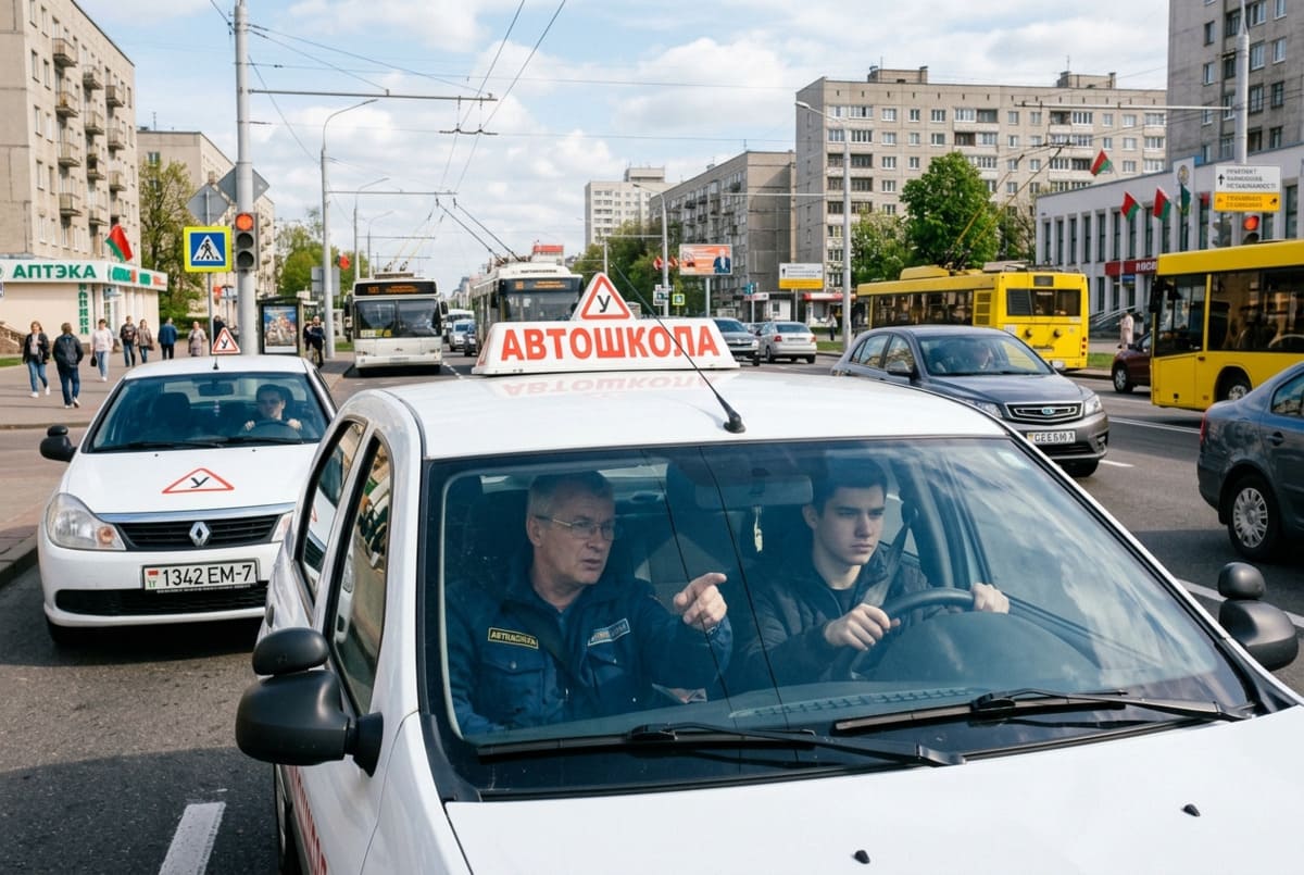 Учебная машина с вывеской АВТОШКОЛА в городском трафике