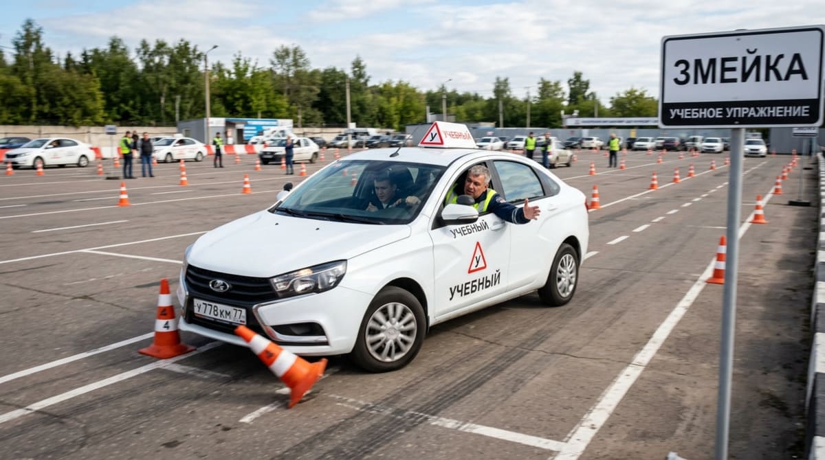 Учебный автомобиль сбивает конус при выполнении упражнения змейка