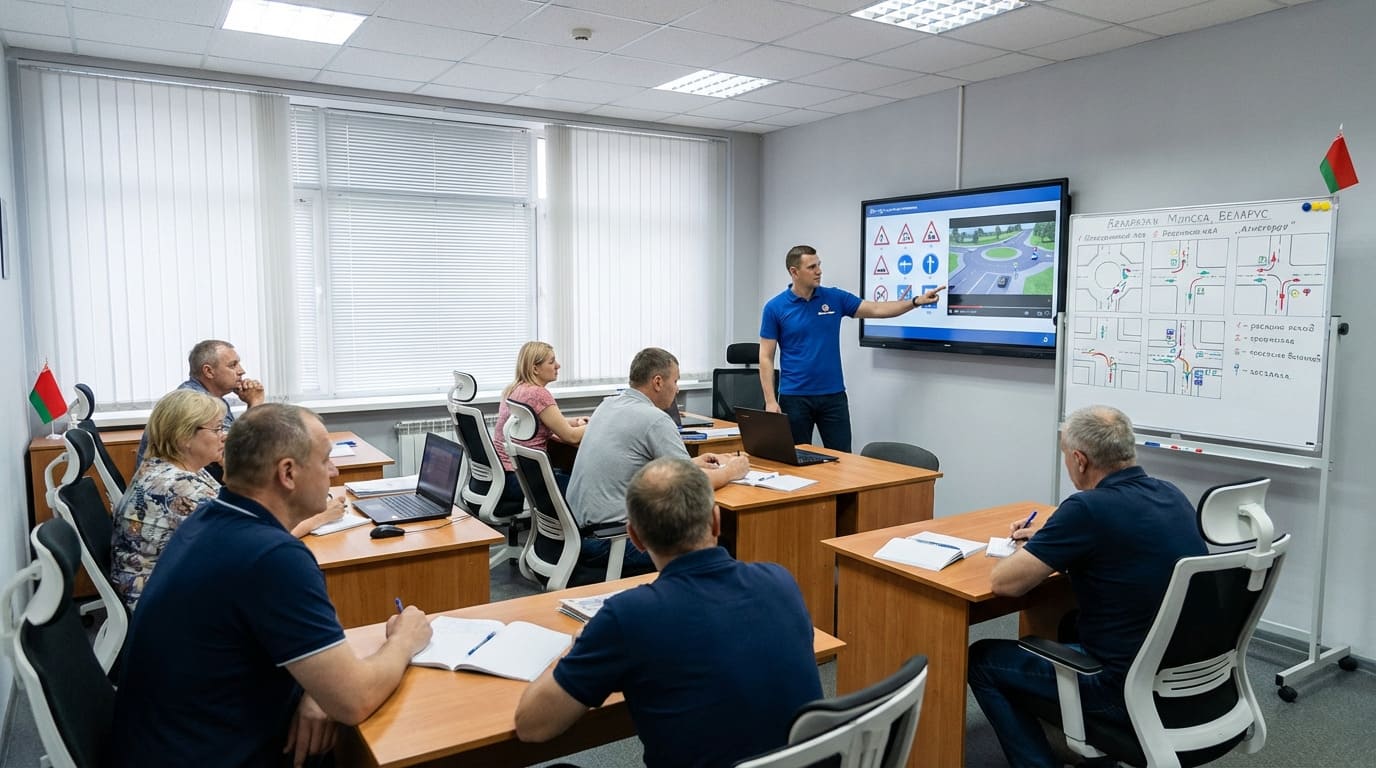 Занятие в классе автошколы с инструктором и учениками