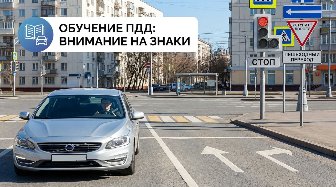 Автомобиль на городском перекрёстке с дорожными знаками, разметкой и светофором