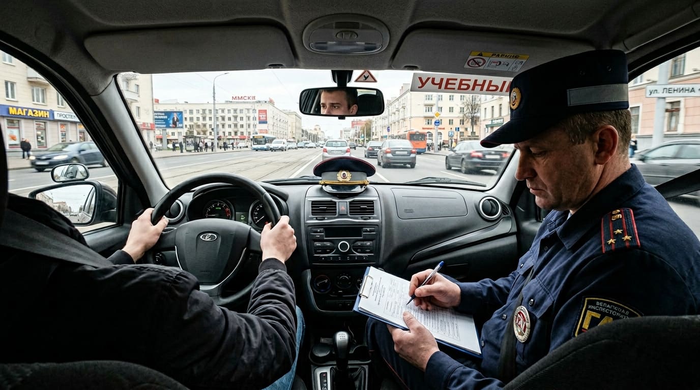 Вид из салона, инспектор в форме с планшетом