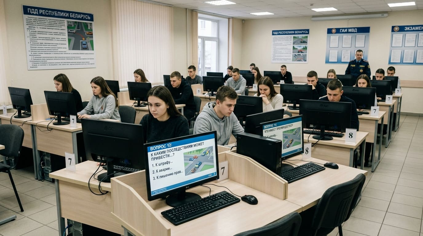 Студенты за компьютерами с тестами ПДД