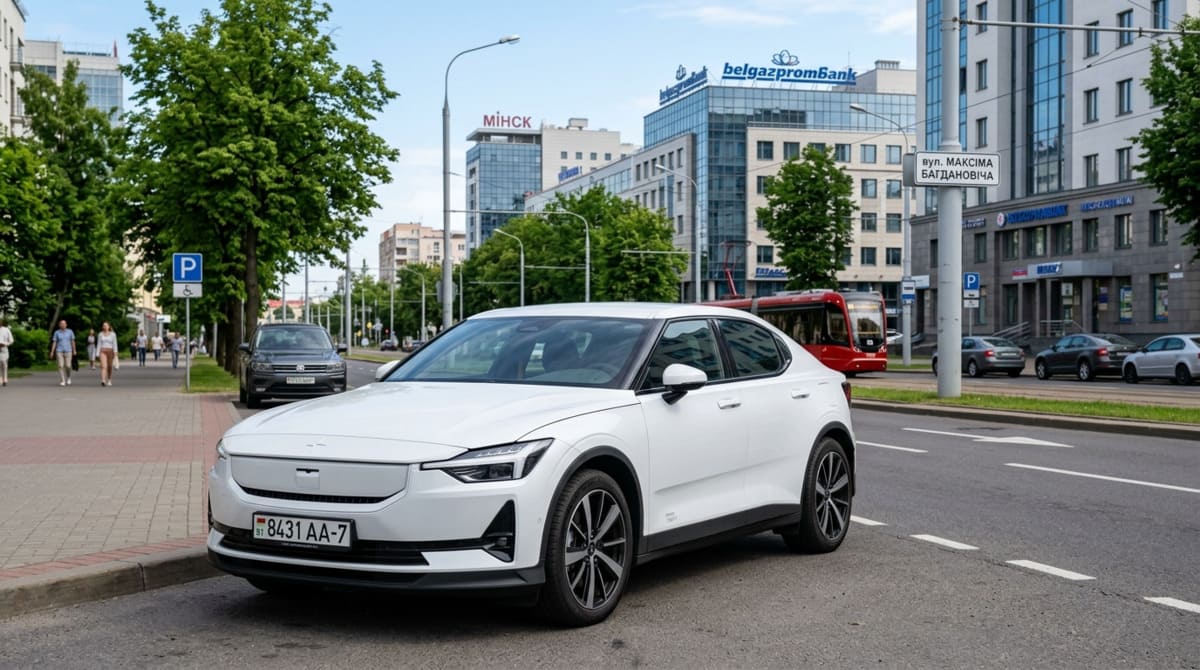 Современный электрический седан на чистой городской улице Минска