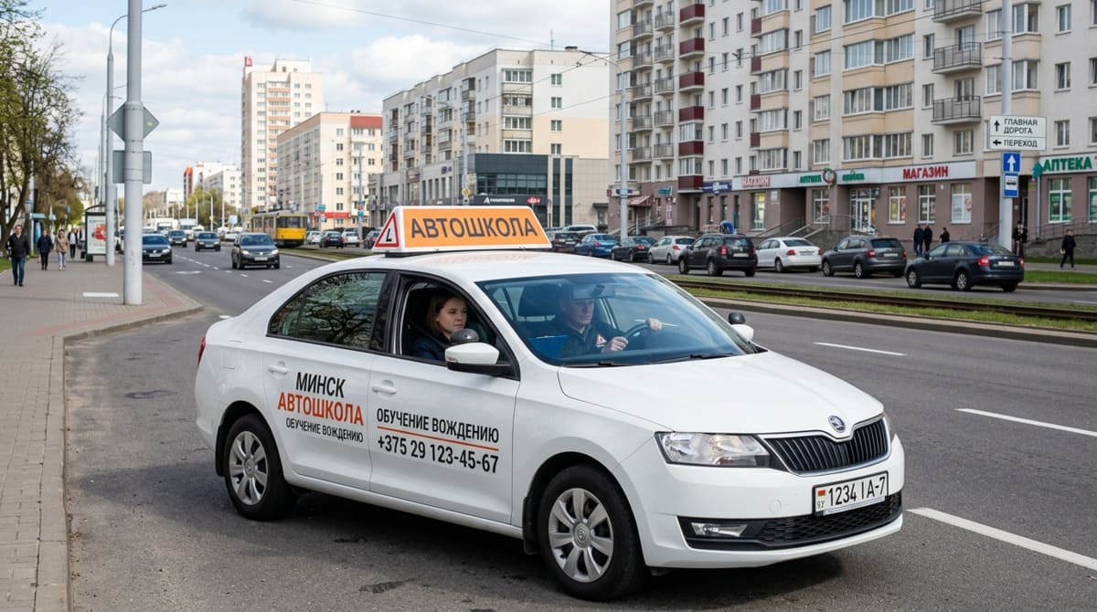 Учебный автомобиль автошколы на улице Минска