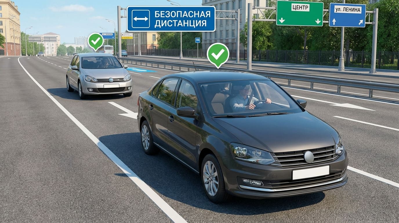 Иллюстрация безопасного вождения в городе с правильной дистанцией