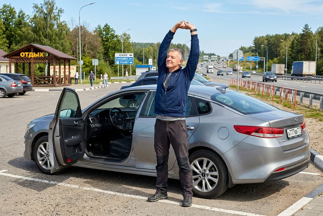 Водитель выполняет растяжку возле автомобиля на остановке
