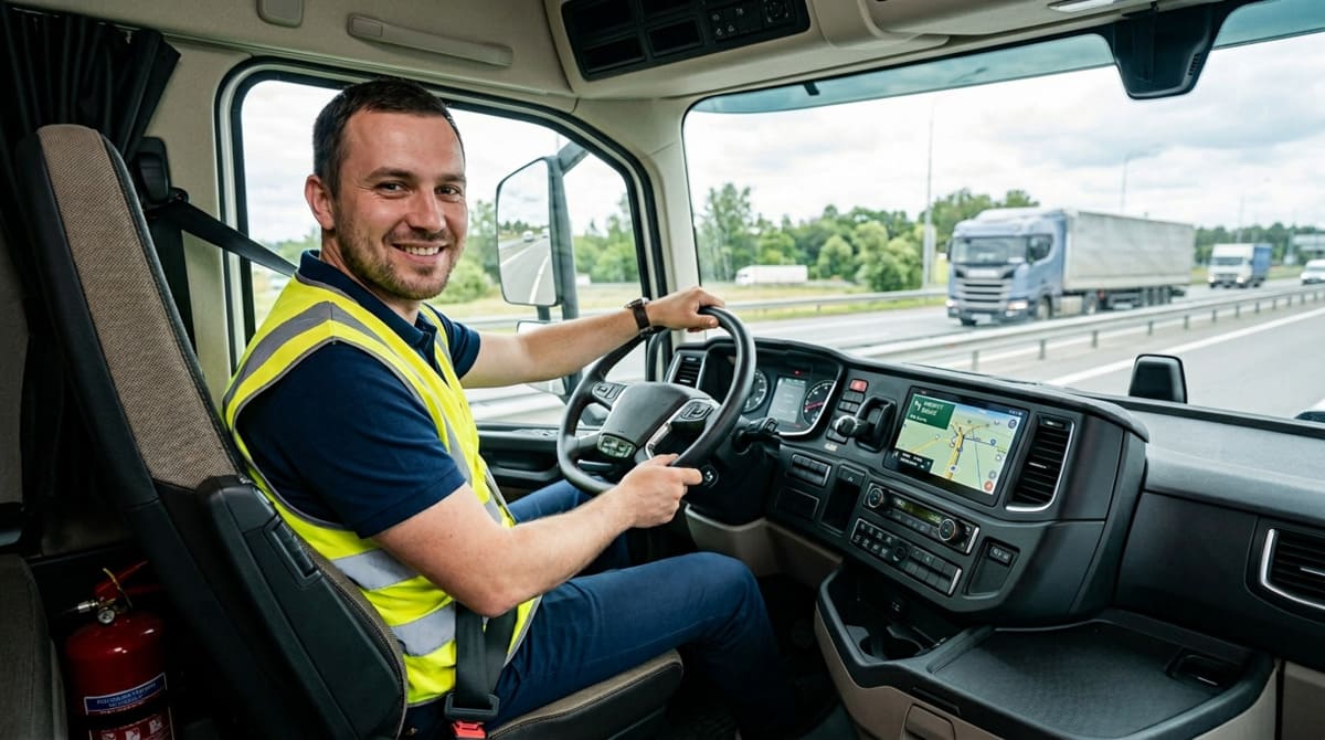 Современный водитель в кабине грузовика