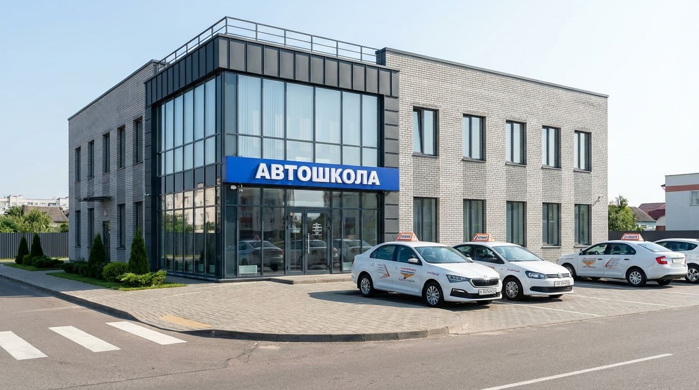 Современное здание автошколы с вывеской