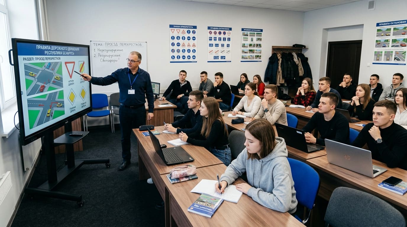 Группа молодых студентов (18-22 года) на занятиях по теории ПДД