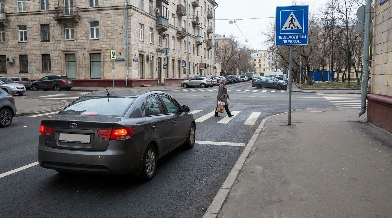 Автомобиль правильно уступает дорогу пешеходу на зебре