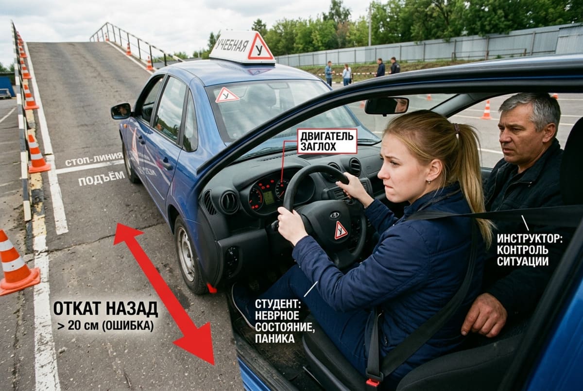 Нервная студентка на подъёме (эстакада) с заглохшим двигателем