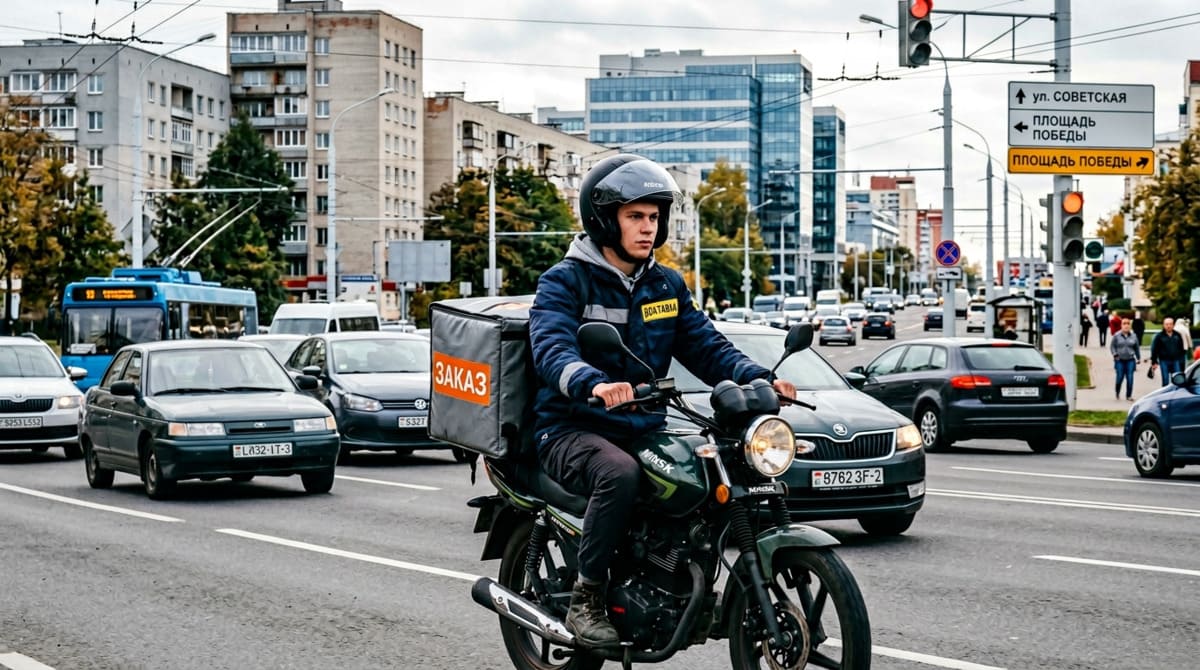 Доставка на мотоцикле в городском трафике Минска