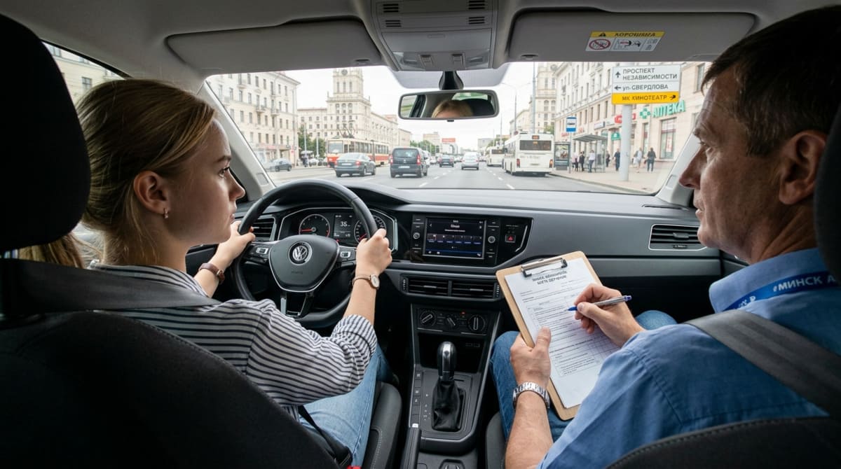 Студентка учится вождению на автомате с инструктором