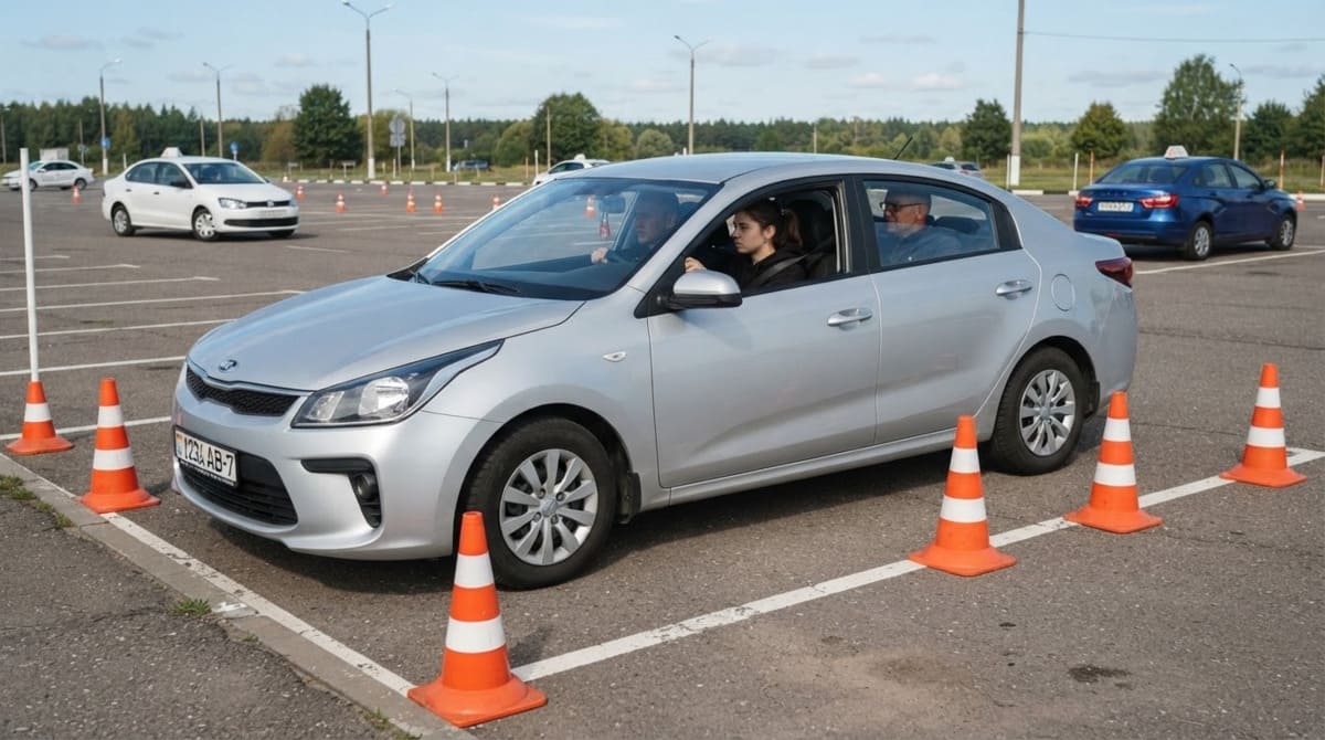 Практические занятия на автодроме: базовые манёвры под контролем инструктора Ученица отрабатывает параллельную парковку между конусами на закрытой площадке