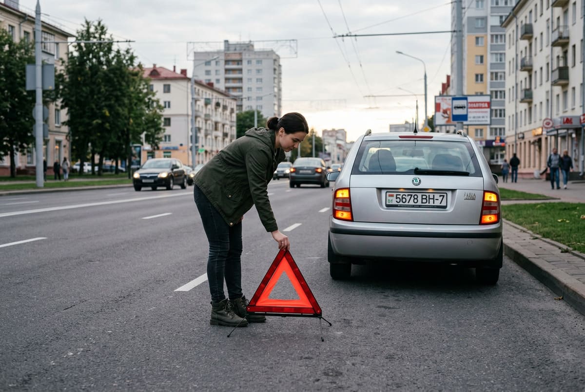 Начинающий водитель выставляет знак аварийной остановки за автомобилем при мелком ДТП