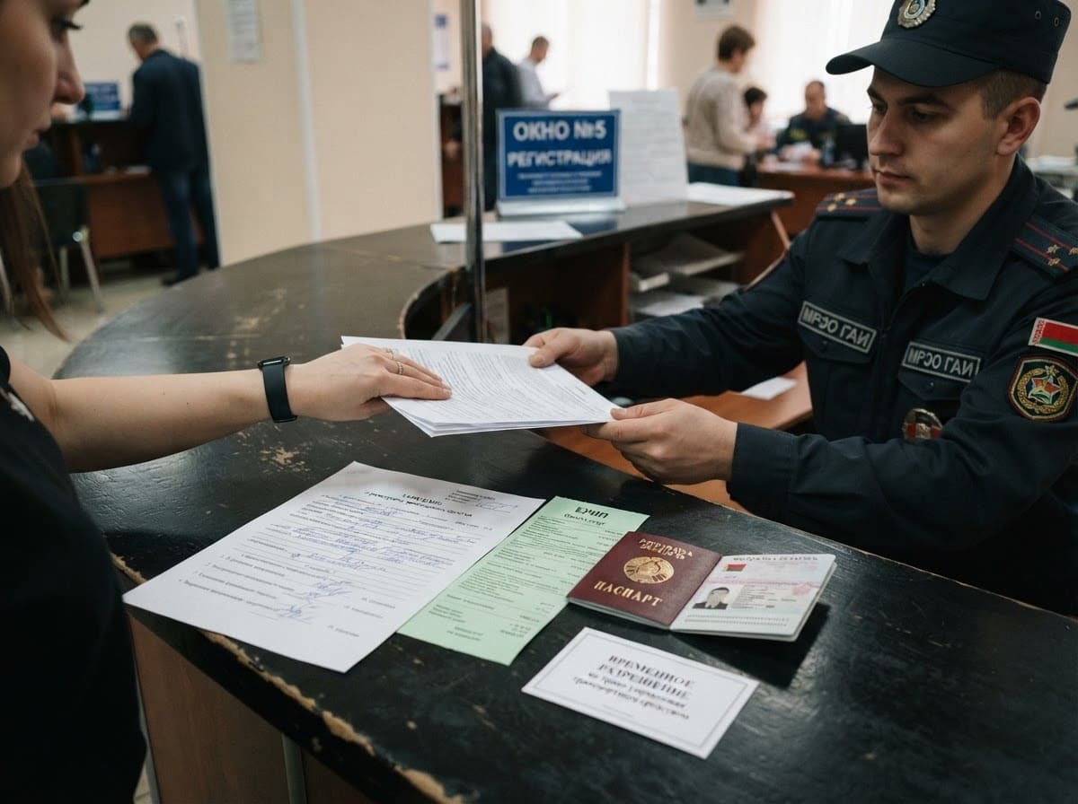 Инспектор МРЭО ГАИ Беларуси в форме принимает у посетителя заявление