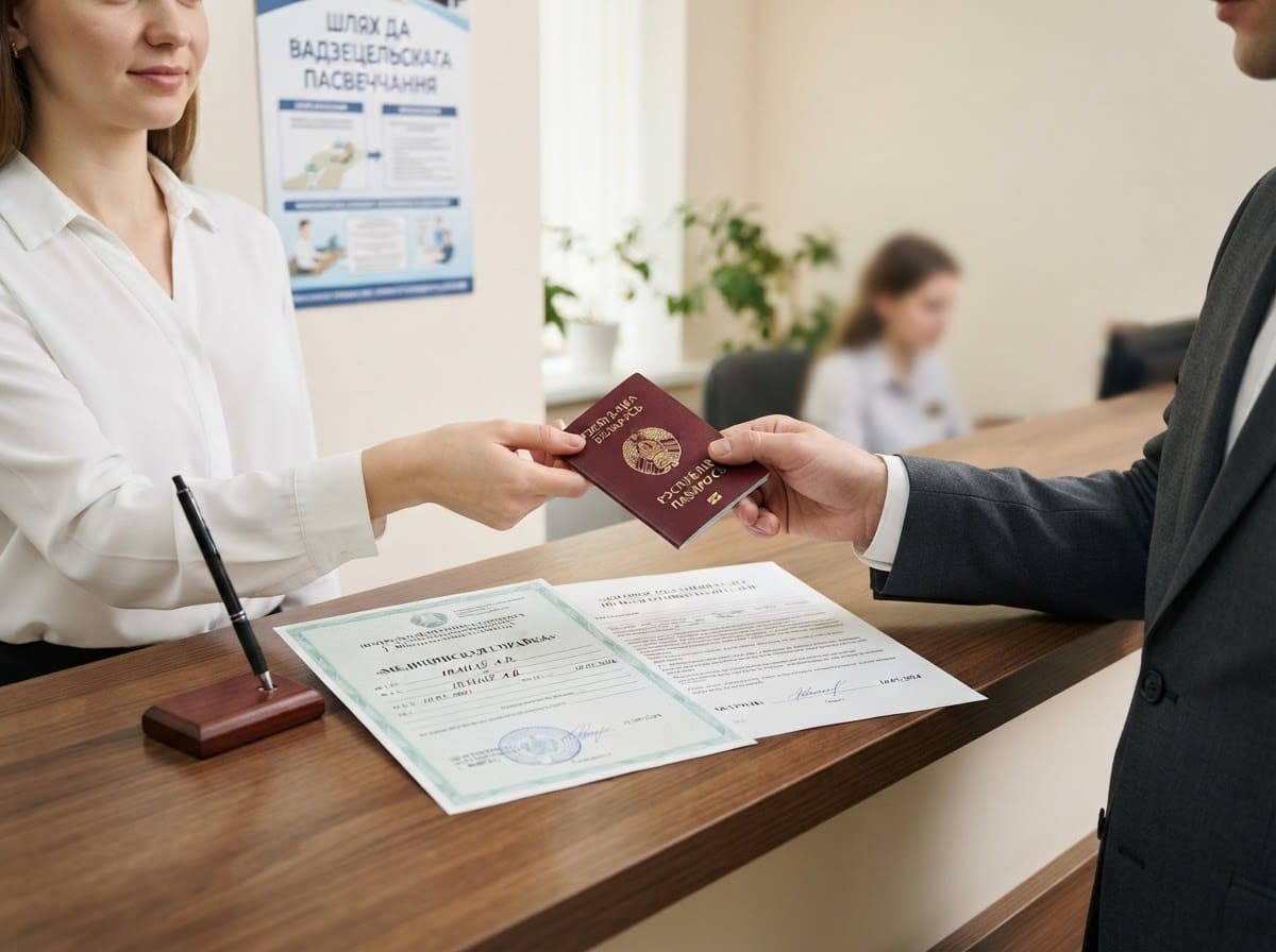 Паспорт Республики Беларусь, медицинская справка и договор на стойке администратора автошколы в момент оформления