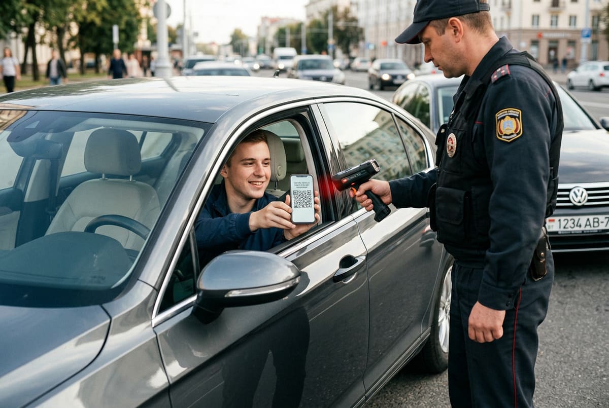 Водитель предъявляет инспектору ГАИ электронный техпаспорт через QR-код на смартфоне