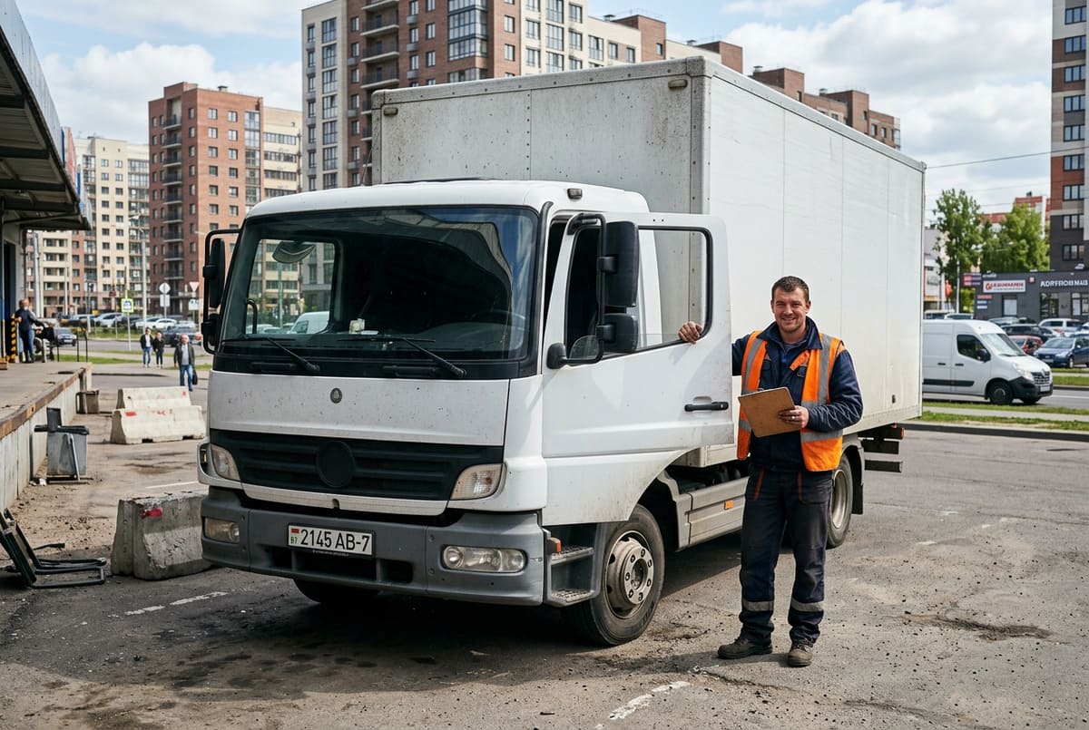 Обучение на категорию C — работа на одиночных грузовиках в Беларуси Водитель категории C рядом с одиночным грузовиком на городской площадке