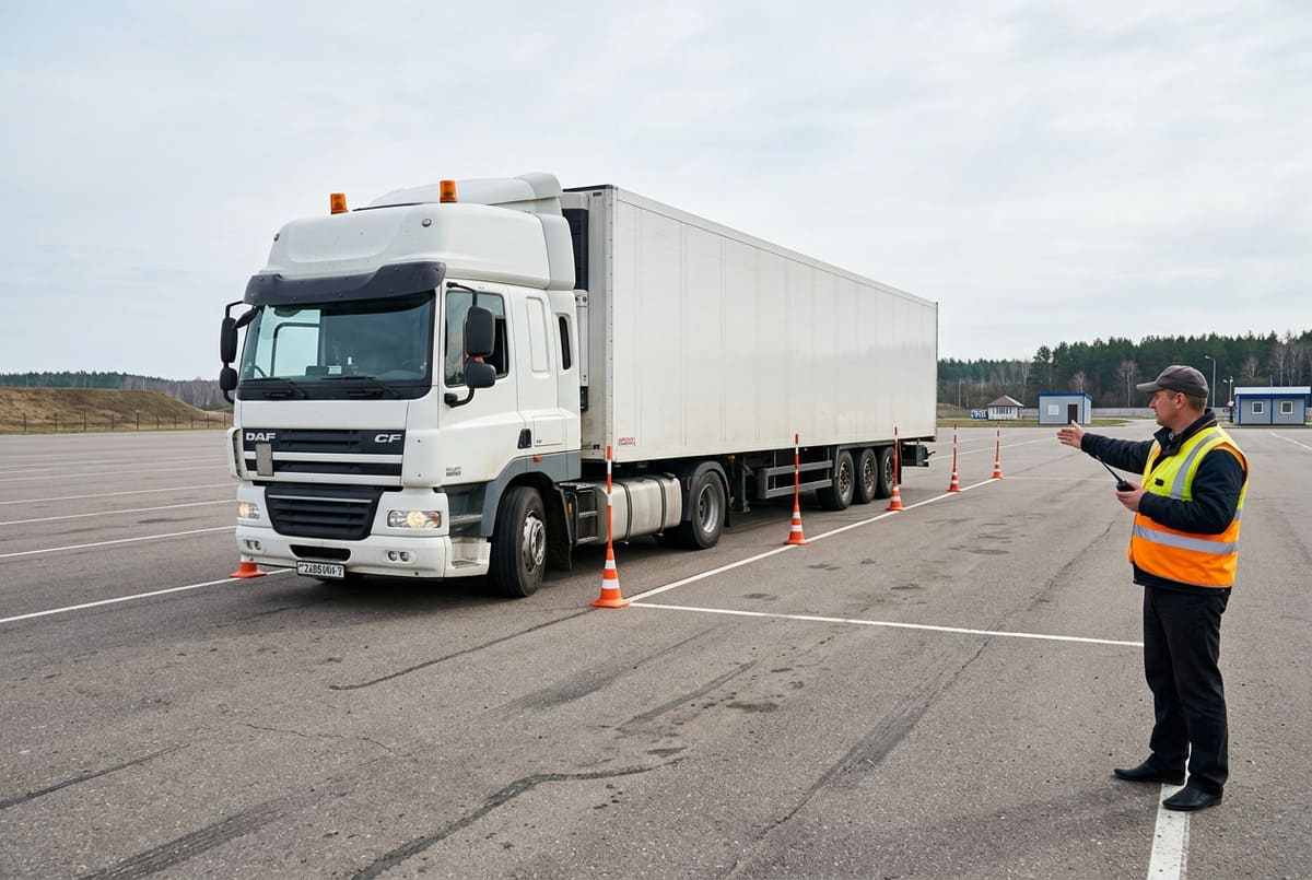 Ученик автошколы отрабатывает движение задним ходом с полуприцепом на автодроме при обучении категории CE