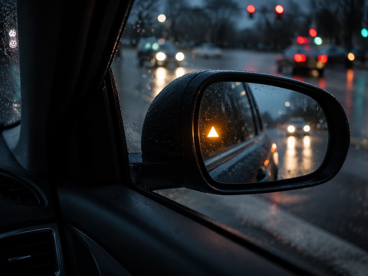 Системы безопасности ADAS Датчик мониторинга слепых зон горит оранжевым цветом на боковом зеркале автомобиля во время дождя
