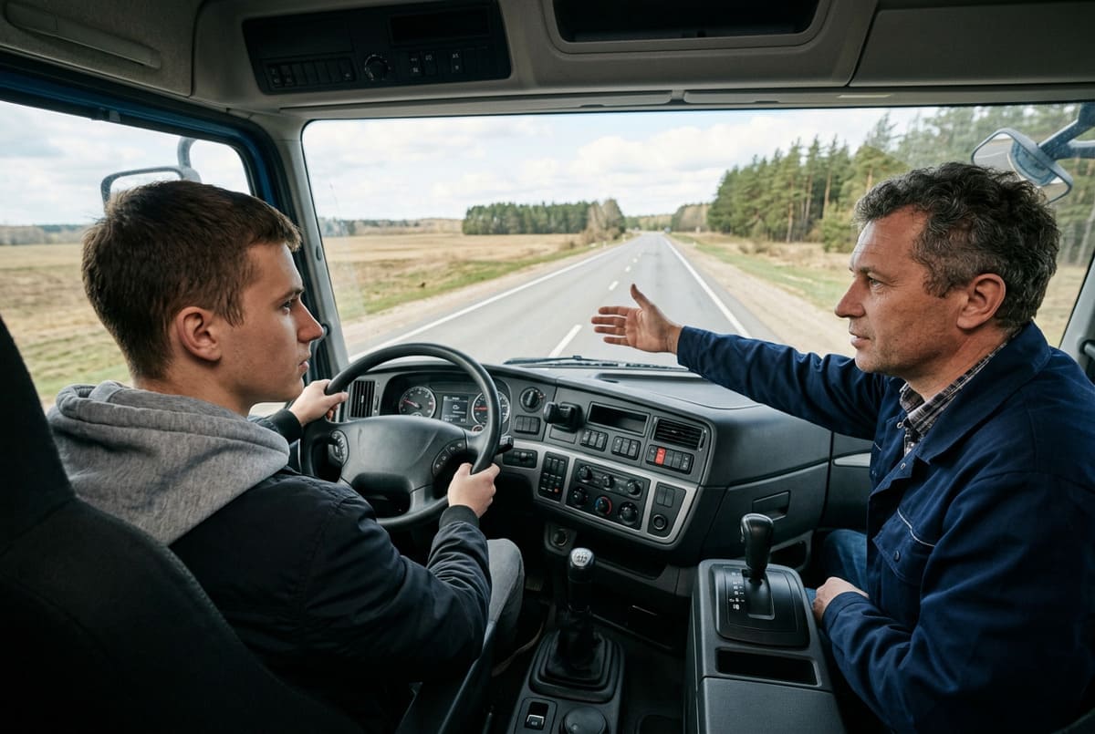 Практическое обучение водителей категории CE в автошколе АвтоАвиант нструктор и ученик в кабине грузовика во время практического занятия на загородном маршруте