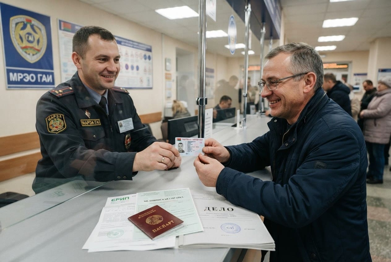 Инспектор МРЭО ГАИ в форме передаёт водителю возвращённое удостоверение Республики Беларусь