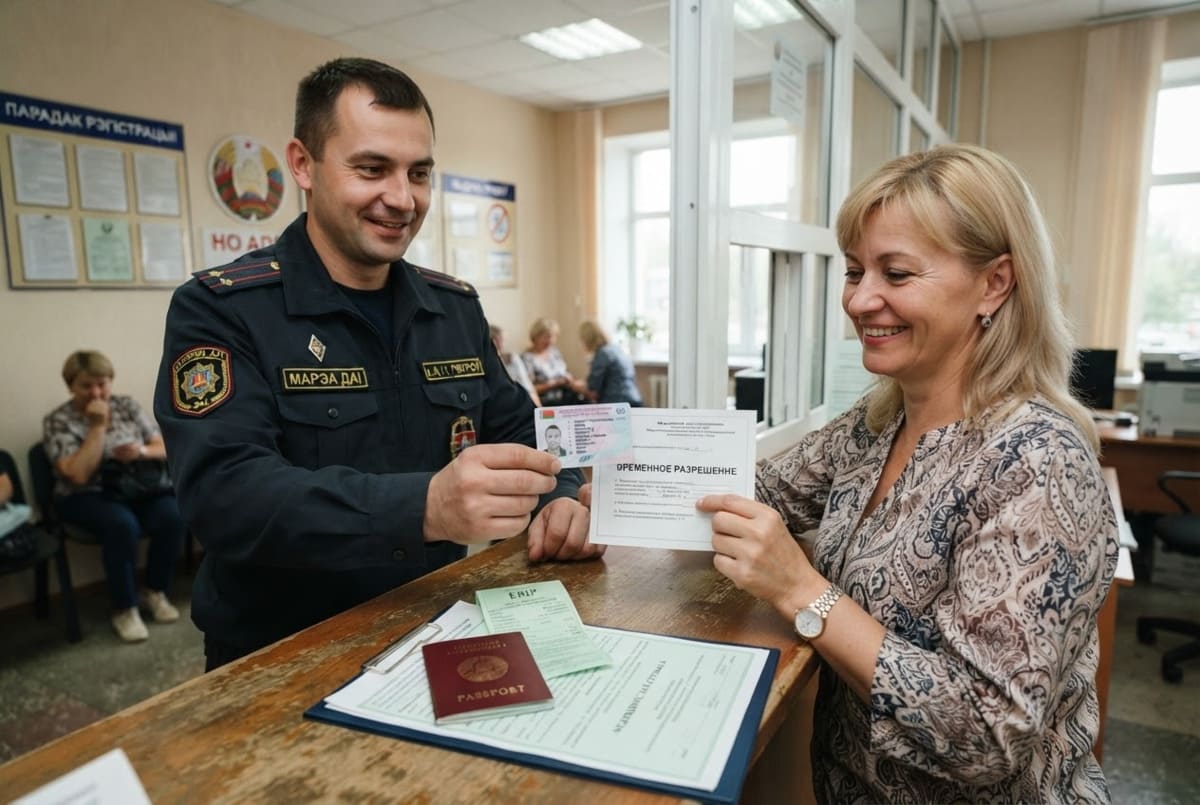 Инспектор МРЭО ГАИ в форме передаёт временное водительское разрешение