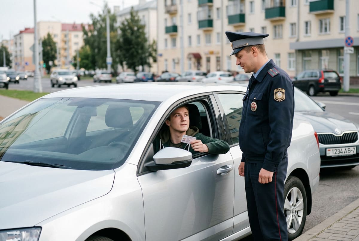 Спокойное стандартное взаимодействие молодого водителя с инспектором на дороге в Беларуси